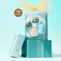 BIOSSANCE Packaging details show travel-friendly sizes and luxe finish.