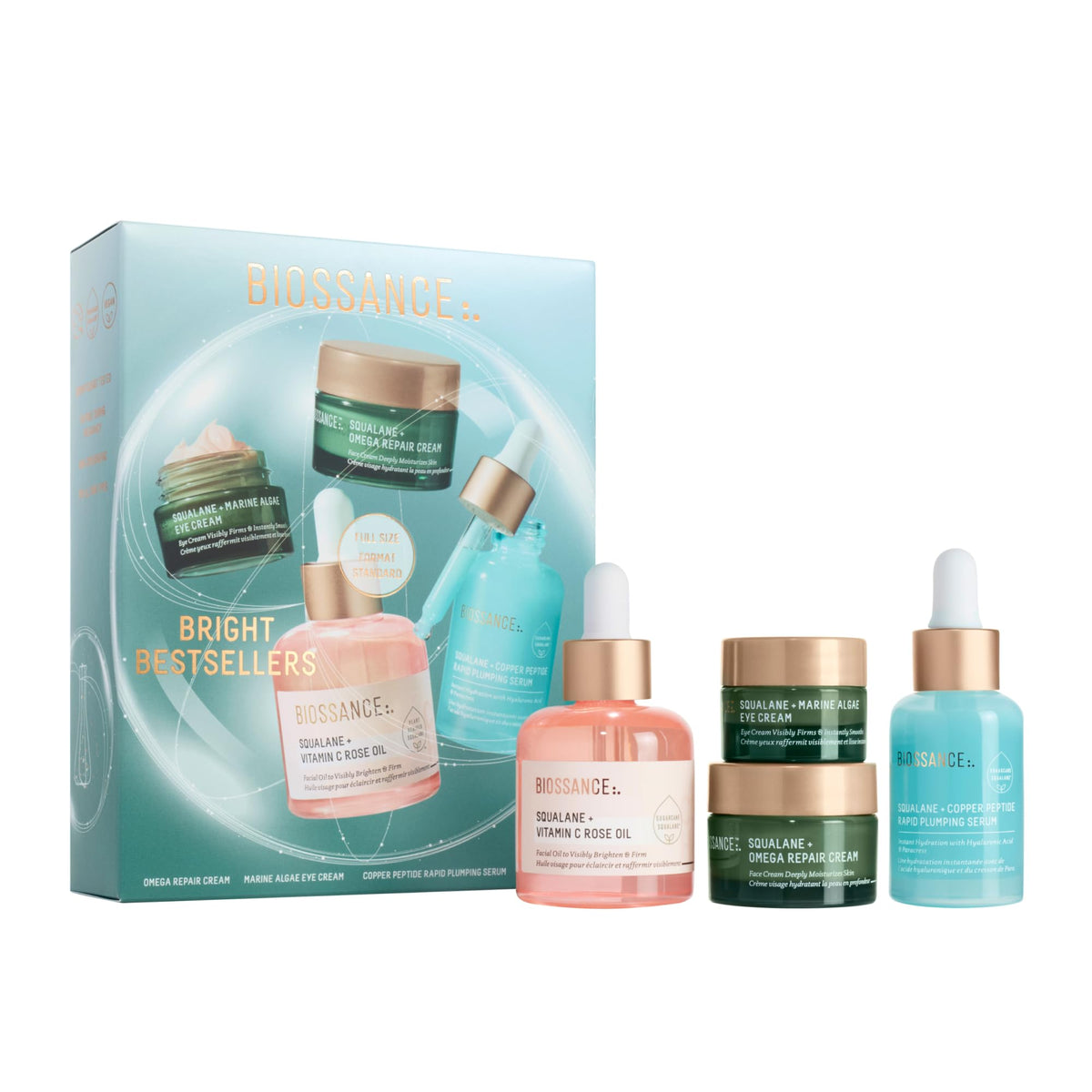 BIOSSANCE Rose Oil bottle showing brightening, hydrating skin benefits.
