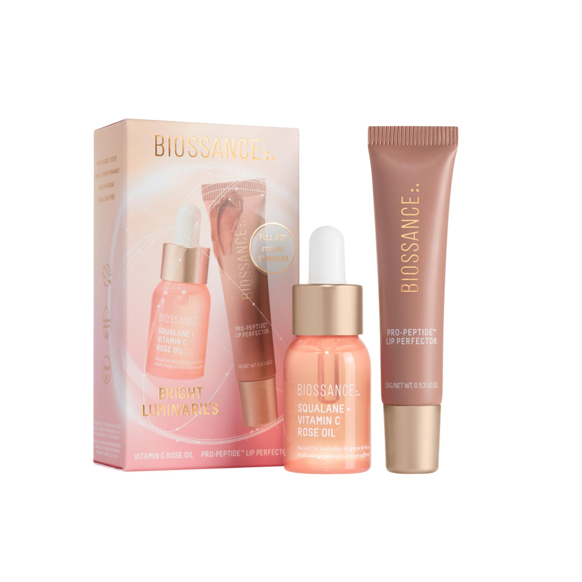 BIOSSANCE Bright Luminaries holiday gift-set box showcasing the dual skincare duo for travel and gifting.
