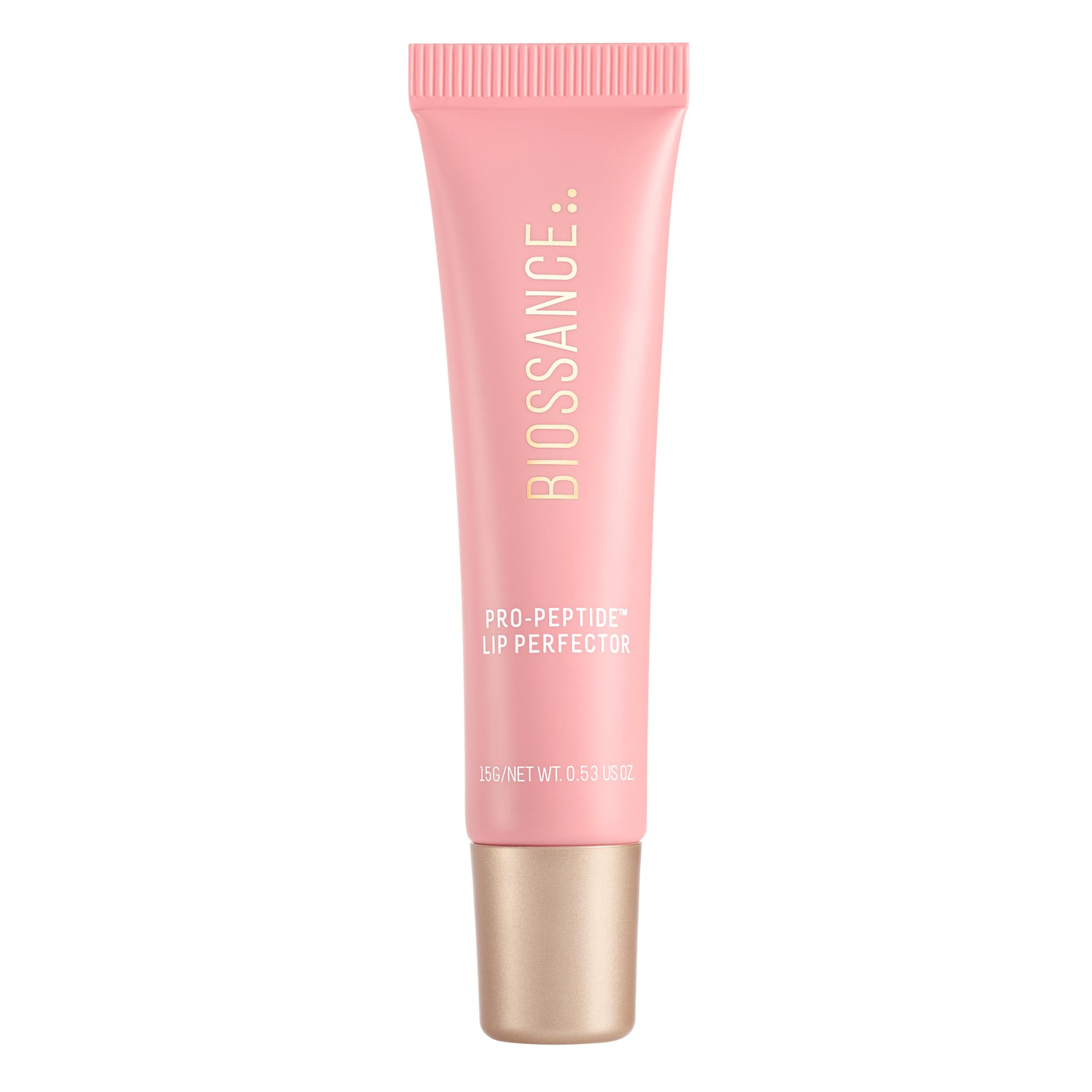 BIOSSANCE Pro-Peptide Lip Perfector bottle gloss delivers hydration with a pink glow.
