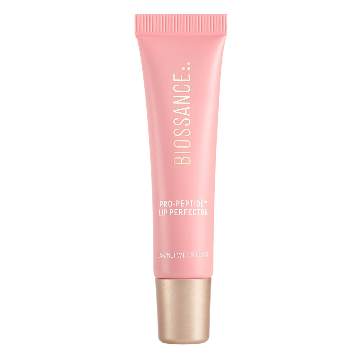 BIOSSANCE Pro-Peptide Lip Perfector bottle gloss delivers hydration with a pink glow.