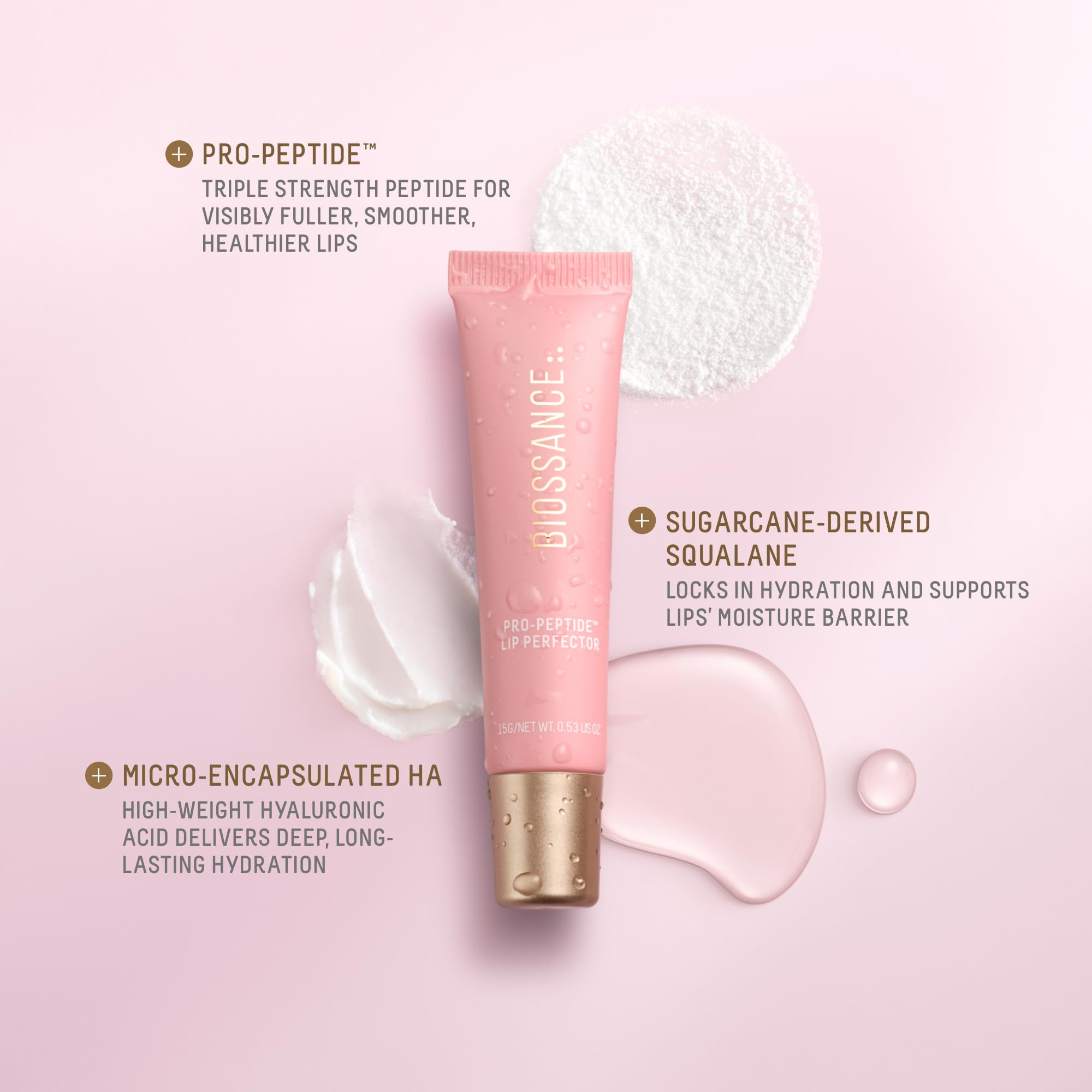 BIOSSANCE Lip Perfector color deposit enhances natural lip tone for everyday wear.