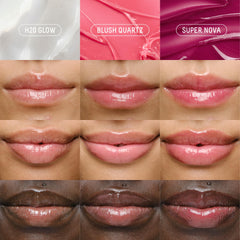 BIOSSANCE Pro-Peptide Lip Perfector gloss on lips reveals a rose-tinted glow.