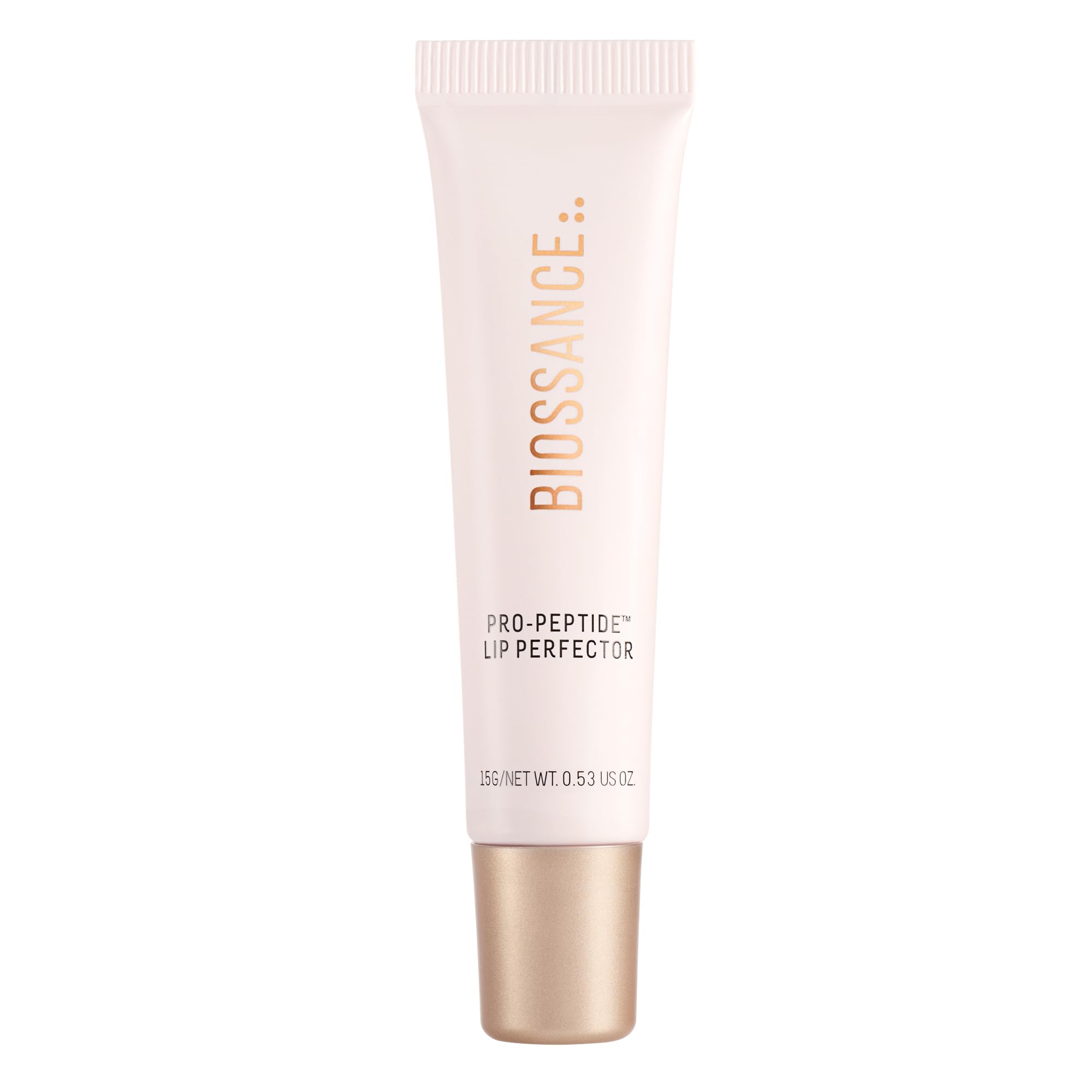 BIOSSANCE Pro-Peptide Lip Perfector tube close-up showing glossy finish and deep hydration.