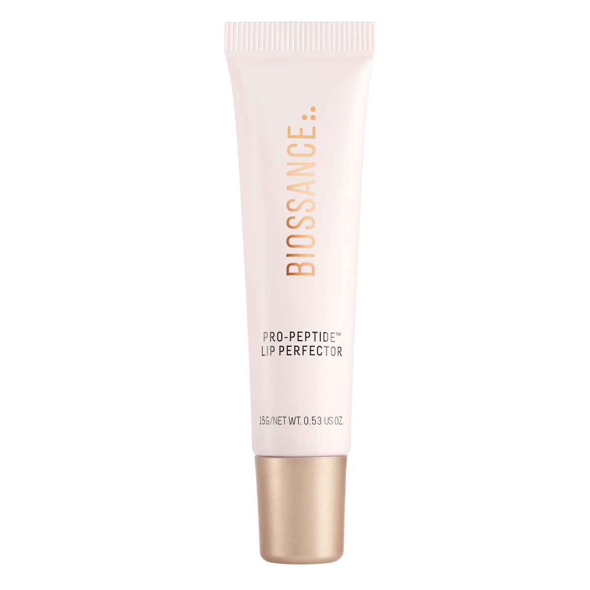 BIOSSANCE Pro-Peptide Lip Perfector tube close-up showing glossy finish and deep hydration.