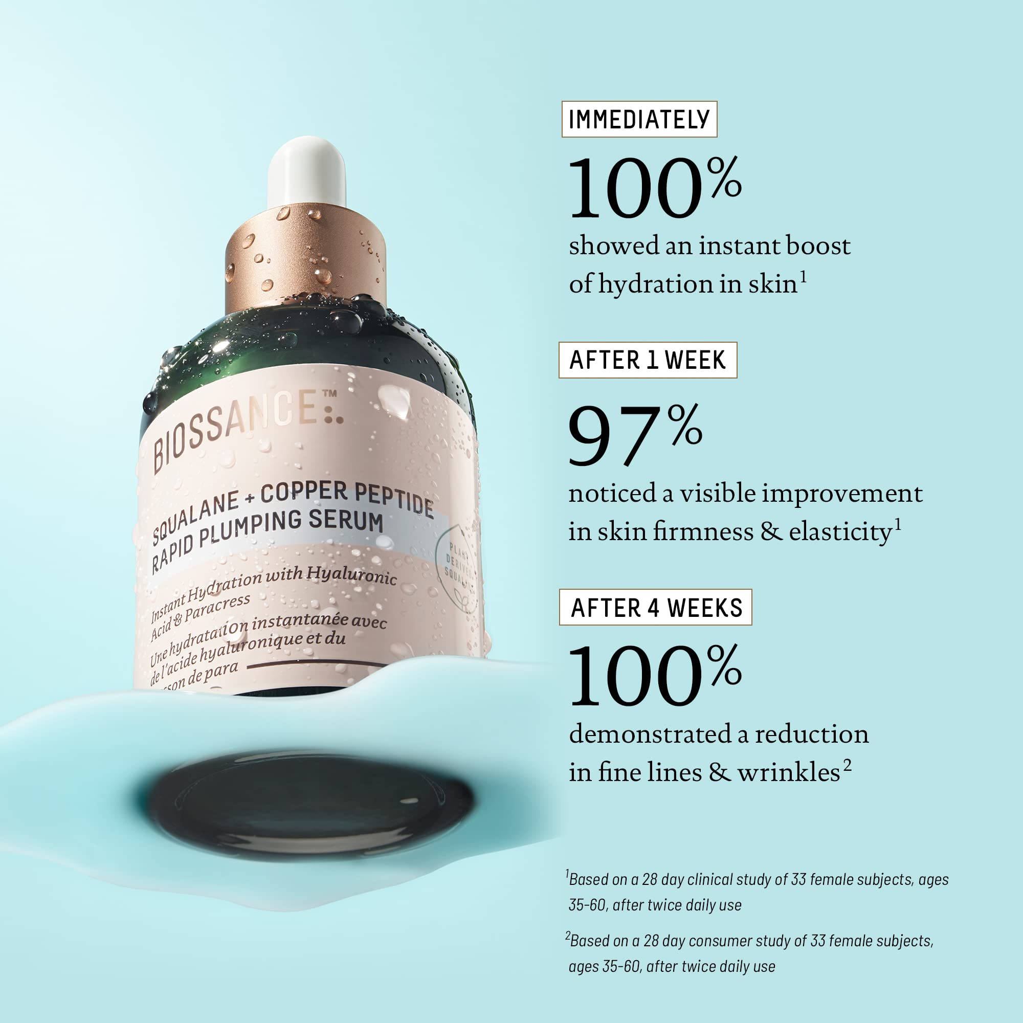 BIOSSANCE serum drop applied to skin for instant plumping