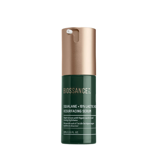 BIOSSANCE serum bottle ready for nightly exfoliation and hydration.
