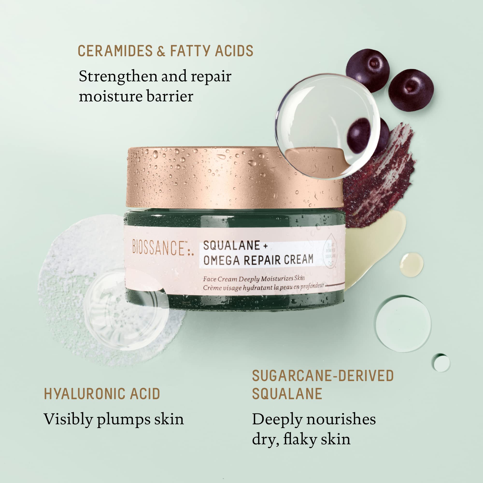 Ceramides and omega fatty acids visuals with BIOSSANCE cream supporting skin resilience.