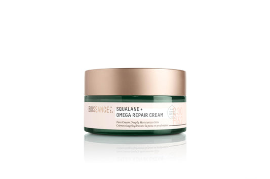 BIOSSANCE Squalane + Omega Repair Cream jar ready for application, deep hydration.