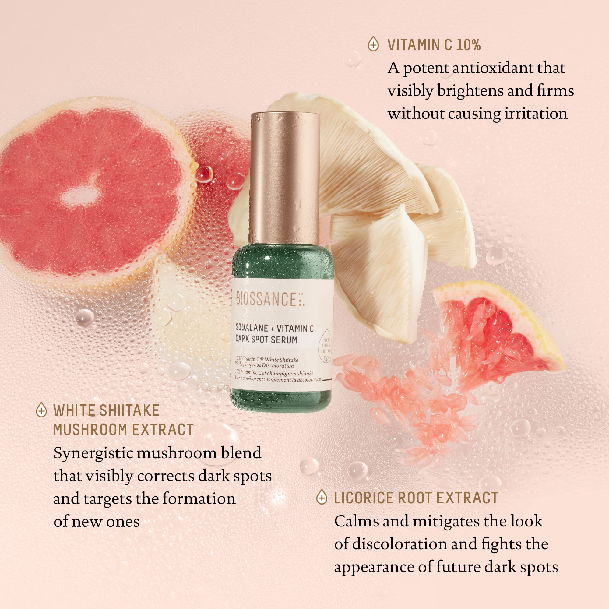 BIOSSANCE Squalane + Vitamin C serum applied to the hand for daily use.