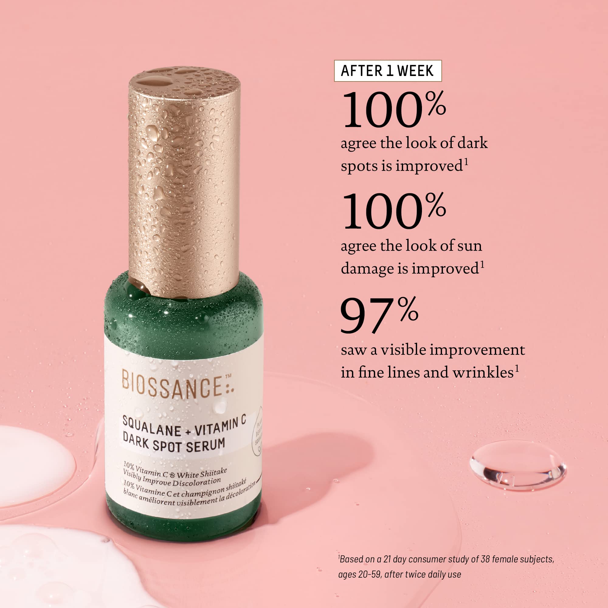 BIOSSANCE Squalane + Vitamin C serum droplets on skin demonstrate fast absorption and hydration.