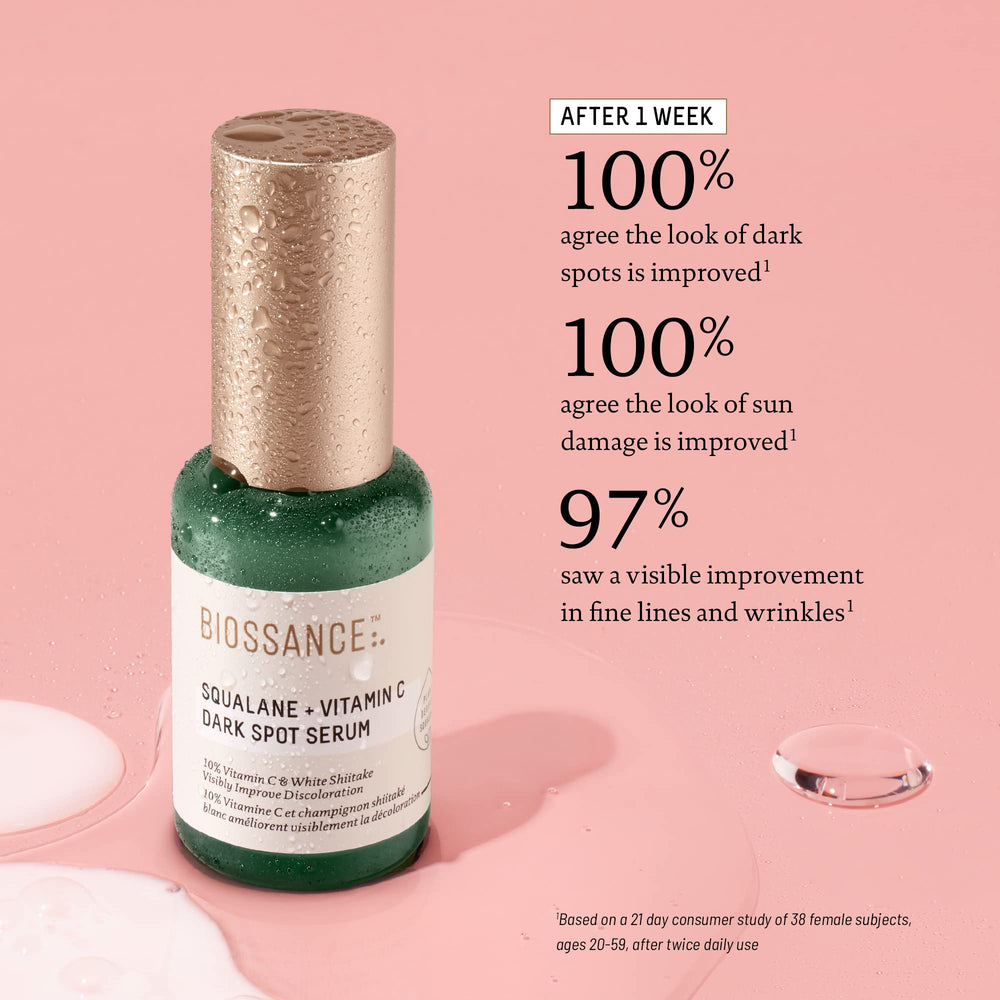BIOSSANCE Squalane + Vitamin C serum droplets on skin demonstrate fast absorption and hydration.