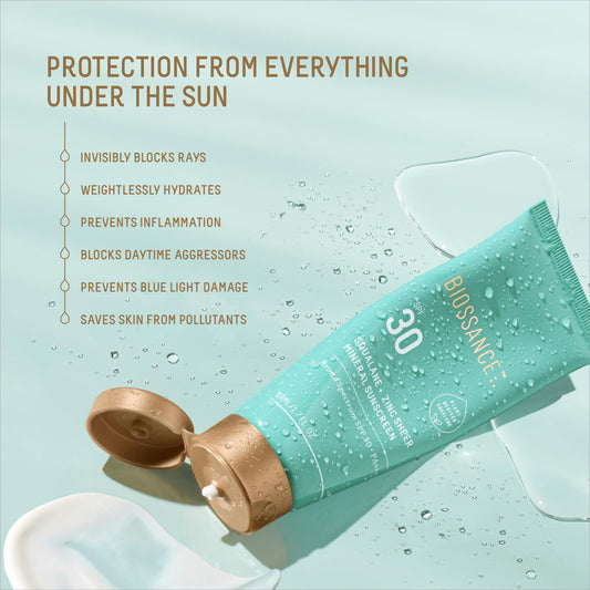 Front view of Biossance sunscreen pump bottle for easy, on-the-go reapplication.