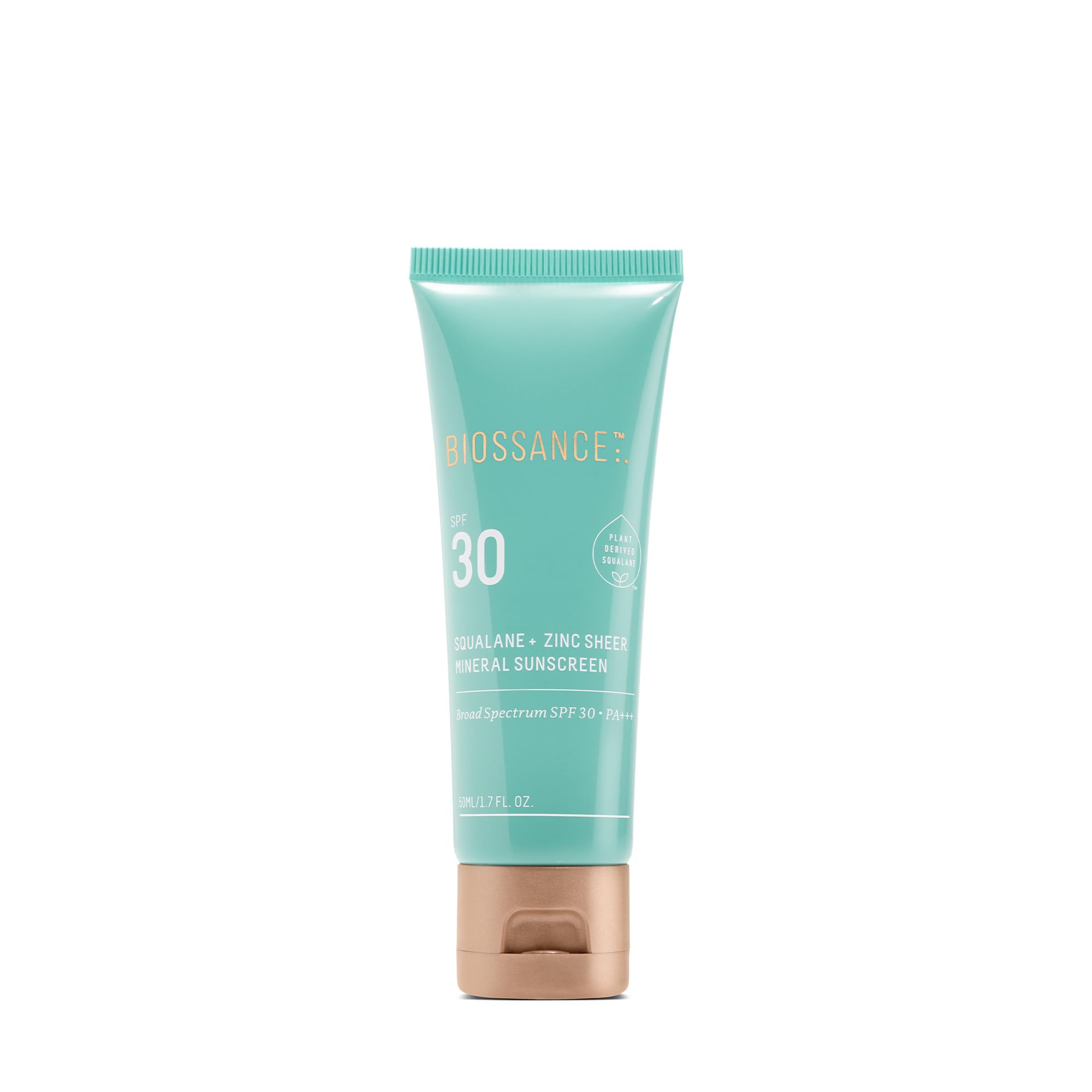 BIOSSANCE Squalane + Zinc sunscreen bottle with SPF 30 and non-greasy finish.