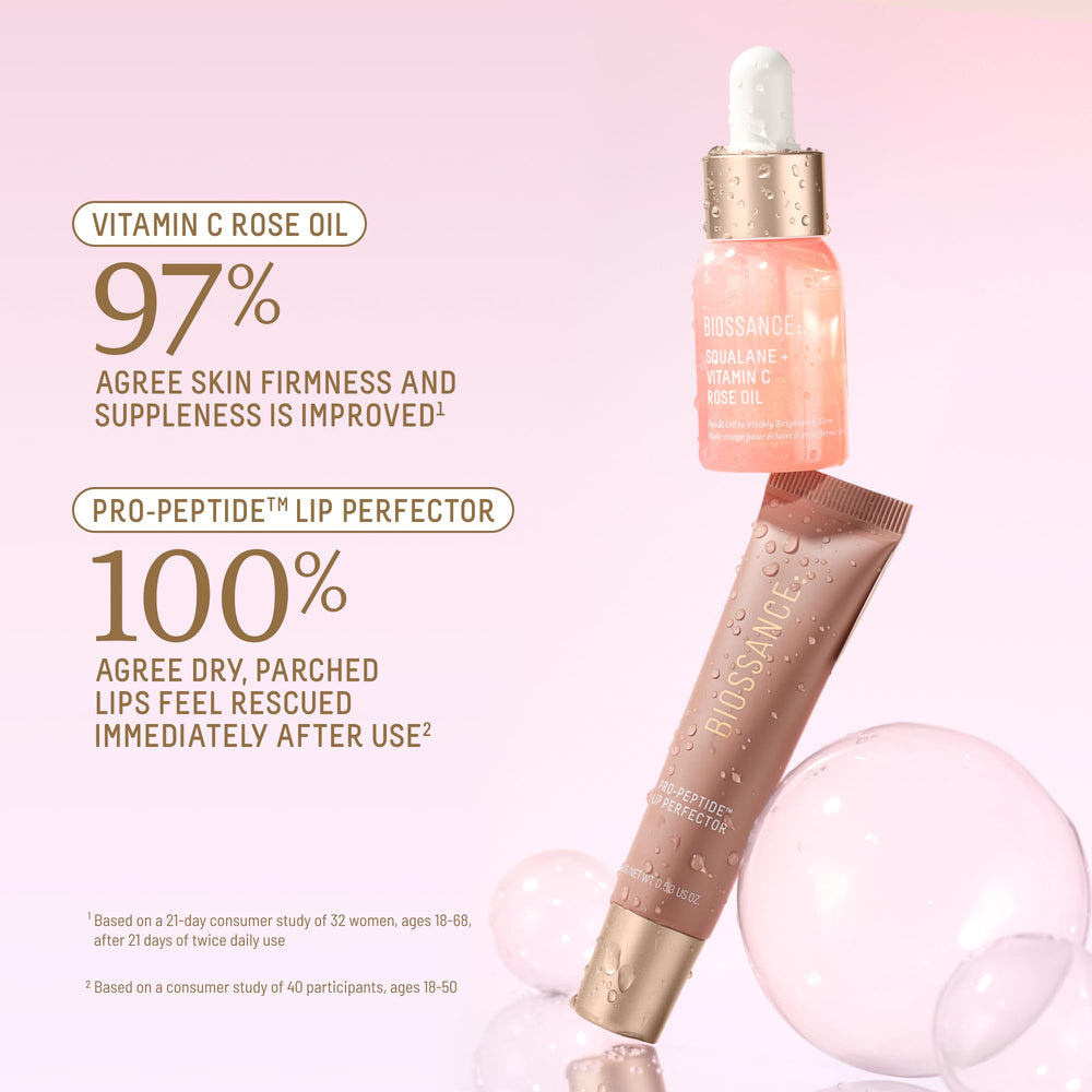 BIOSSANCE Vitamin C Rose Oil bottle highlighting brightening hydration on the go.