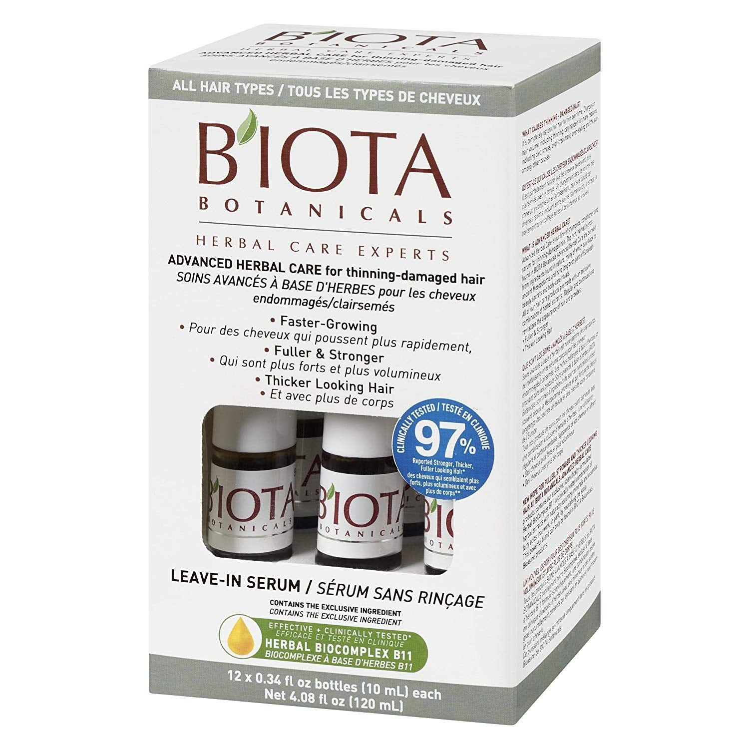 Biota Botanicals Advanced Herbal Care Leave-In Serum pump close-up for mess-free routine.