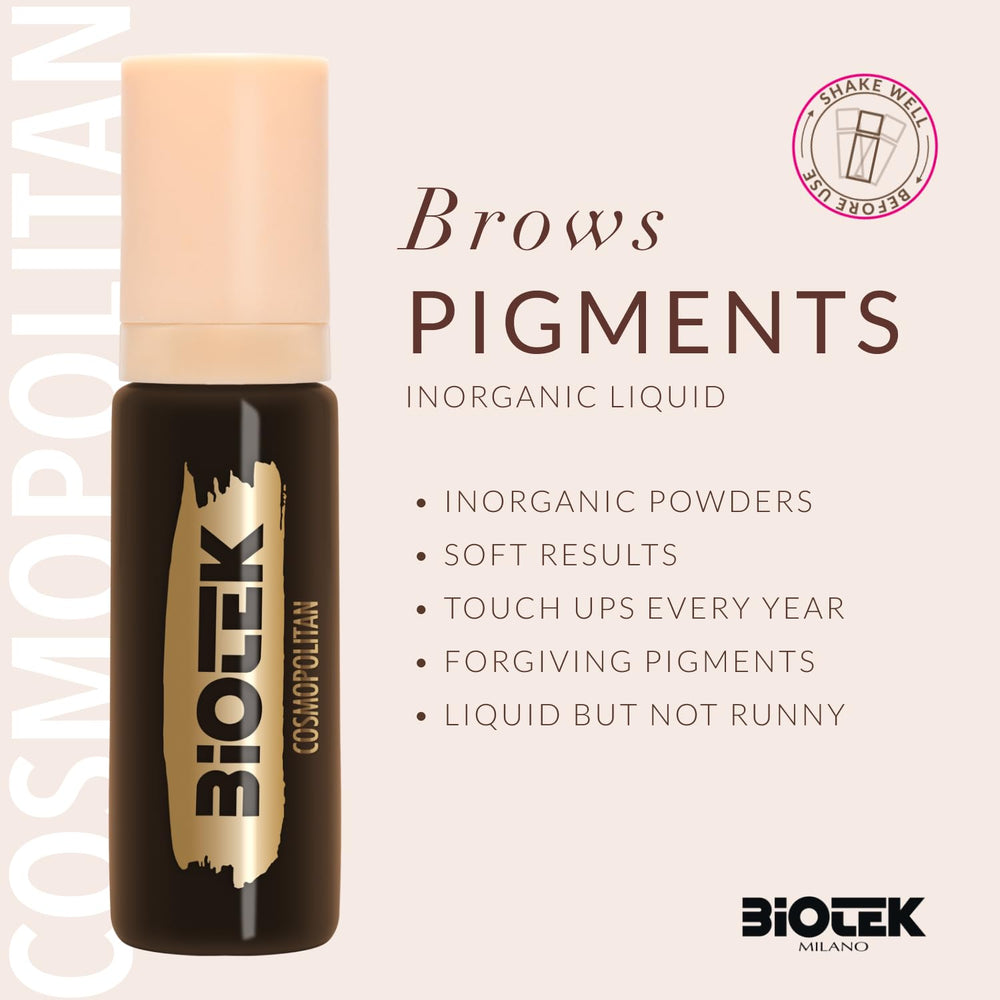 Biotek Inorganic Liquid brow pigment bottle highlights instant uptake and crisp results