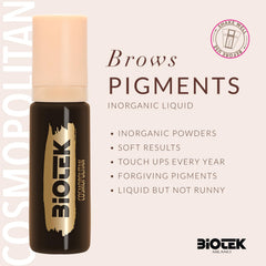 Biotek Inorganic Liquid brow pigment bottle highlights instant uptake and crisp results