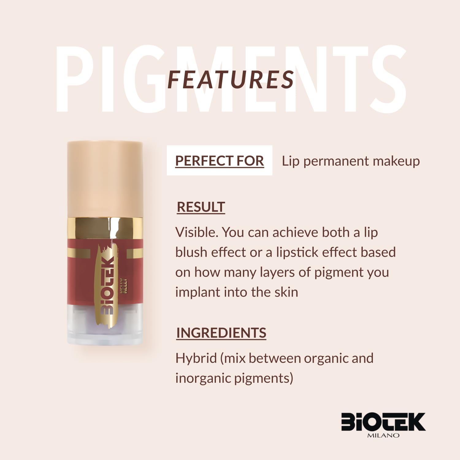 Close-up PMU application with Biotek Kelly brick red pigment for lips