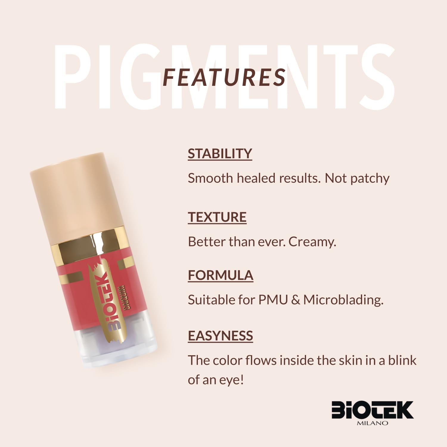 Biotek lip pigment packaging with Made in Italy label and vegan materials