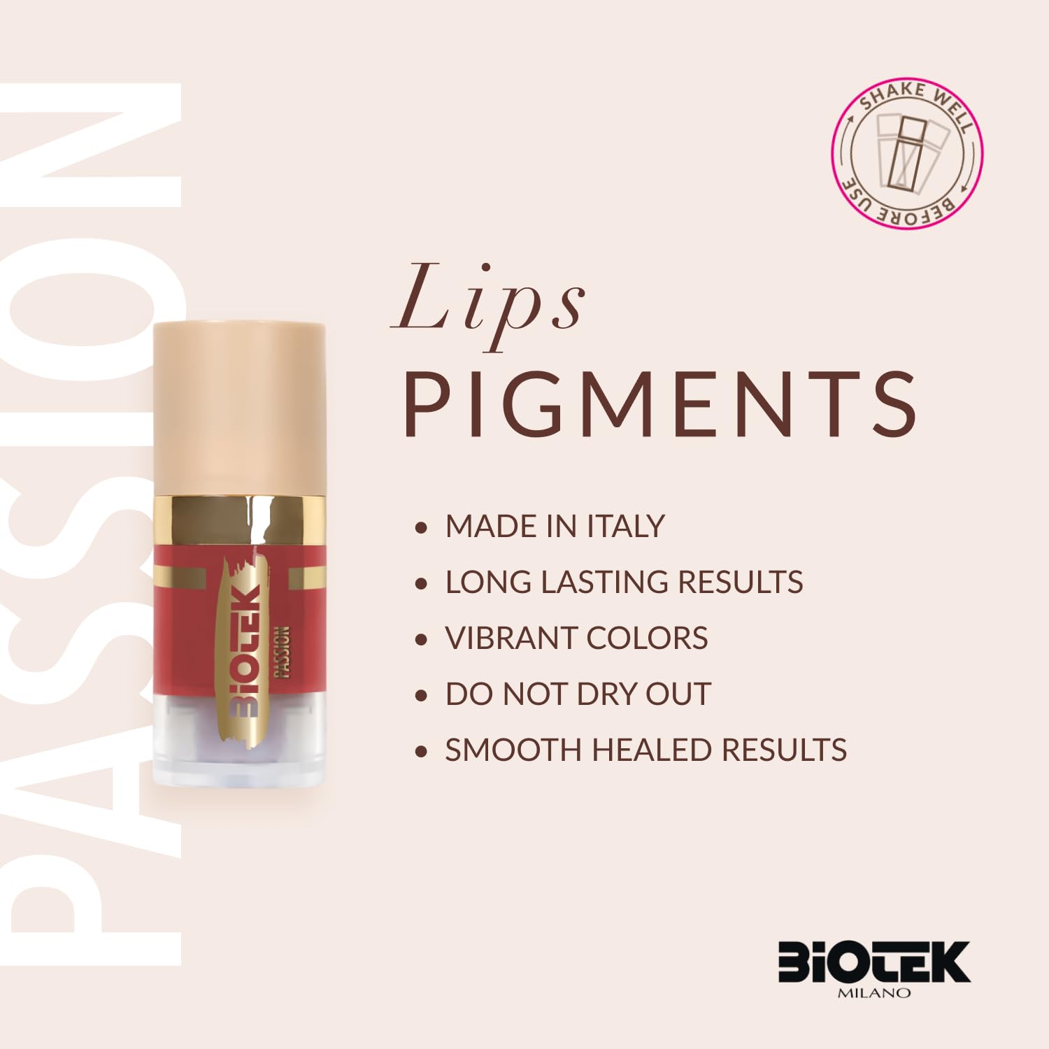 Biotek Passion lip pigment swatch on skin demonstrates vibrant coral red