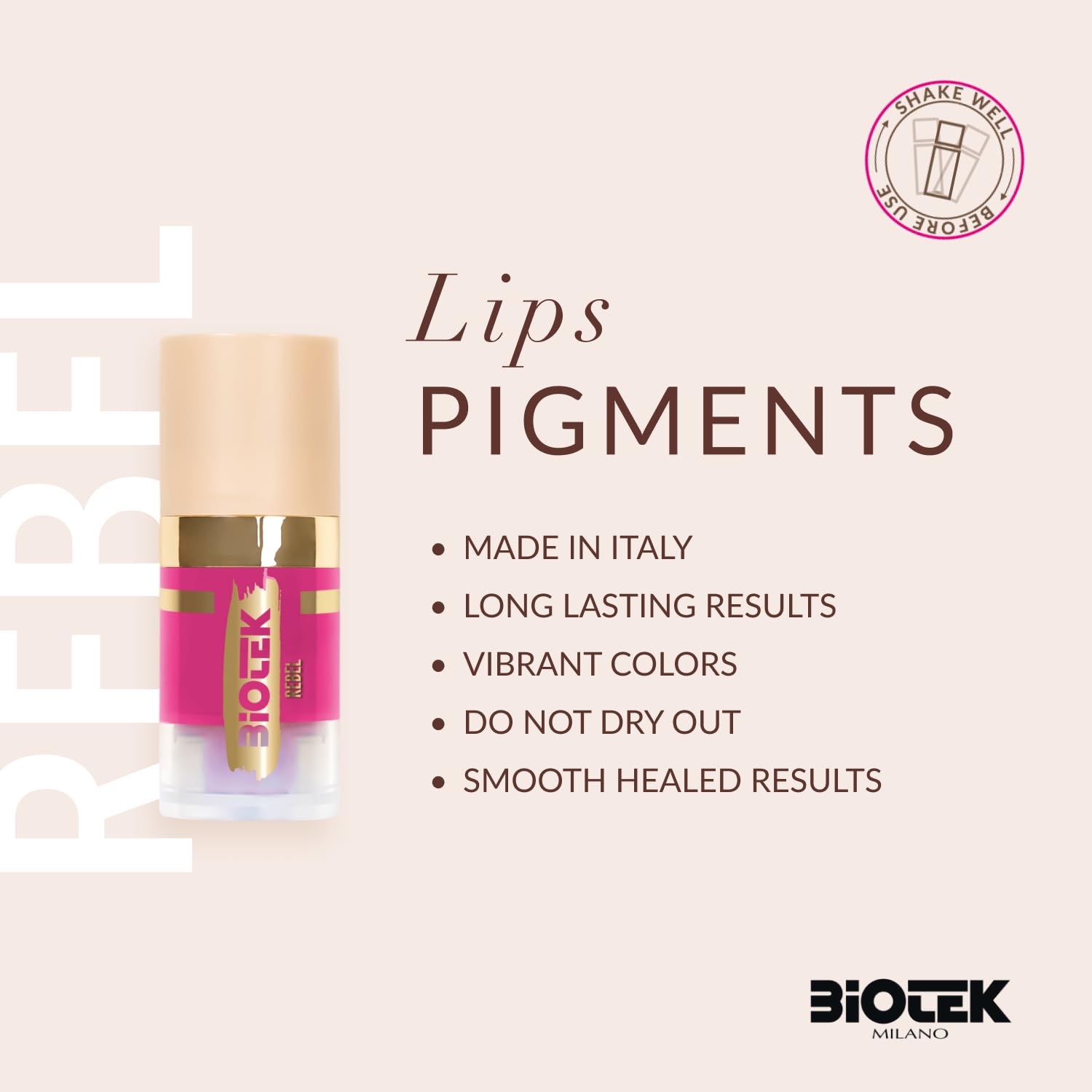 Biotek Rebel airless bottle preserves pigment and minimizes waste.