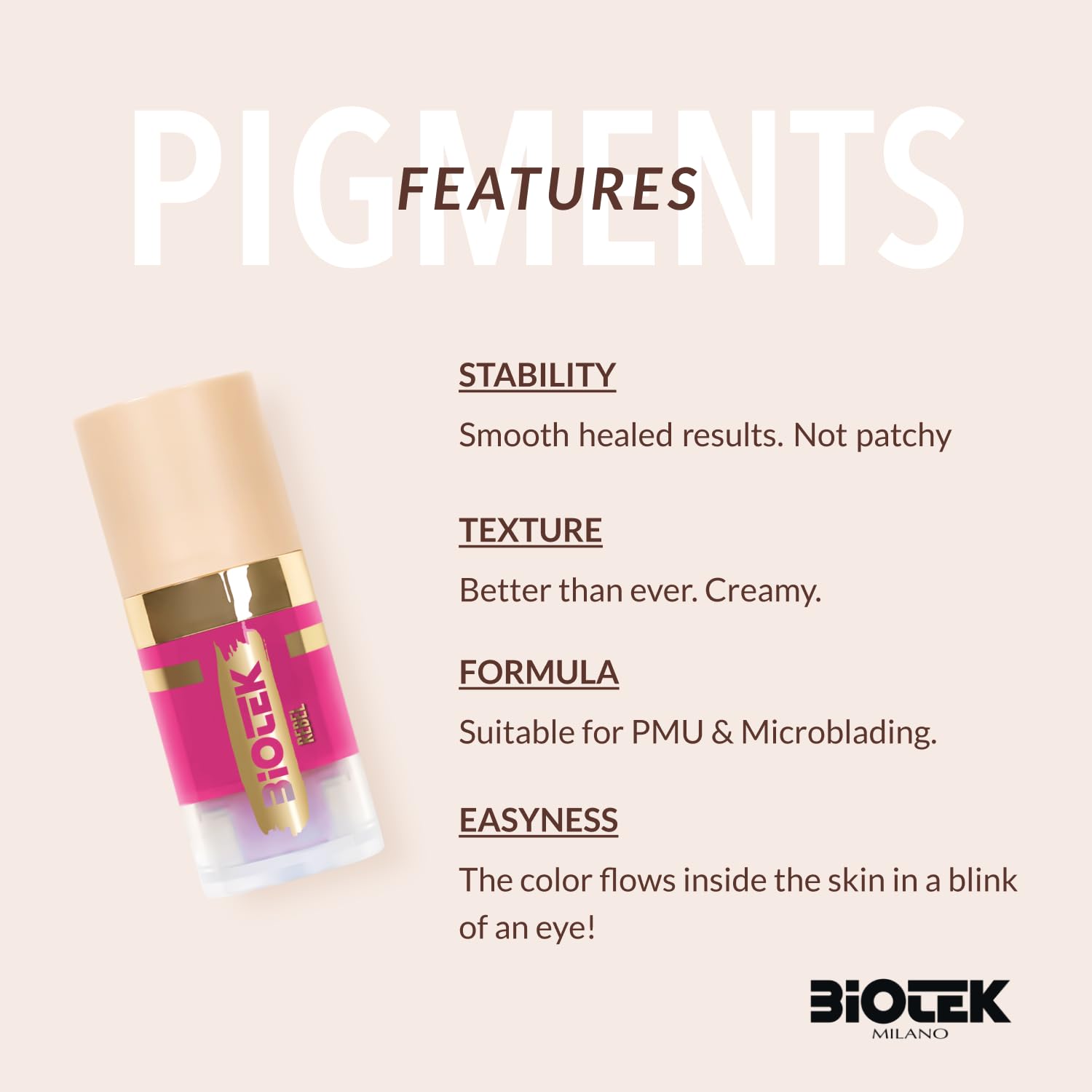 Close-up of Biotek Rebel lip pigment, Italy-made quality and color clarity.