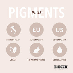 Biotek vegan, Italy-made pigment emphasizes high-quality materials and compliance.