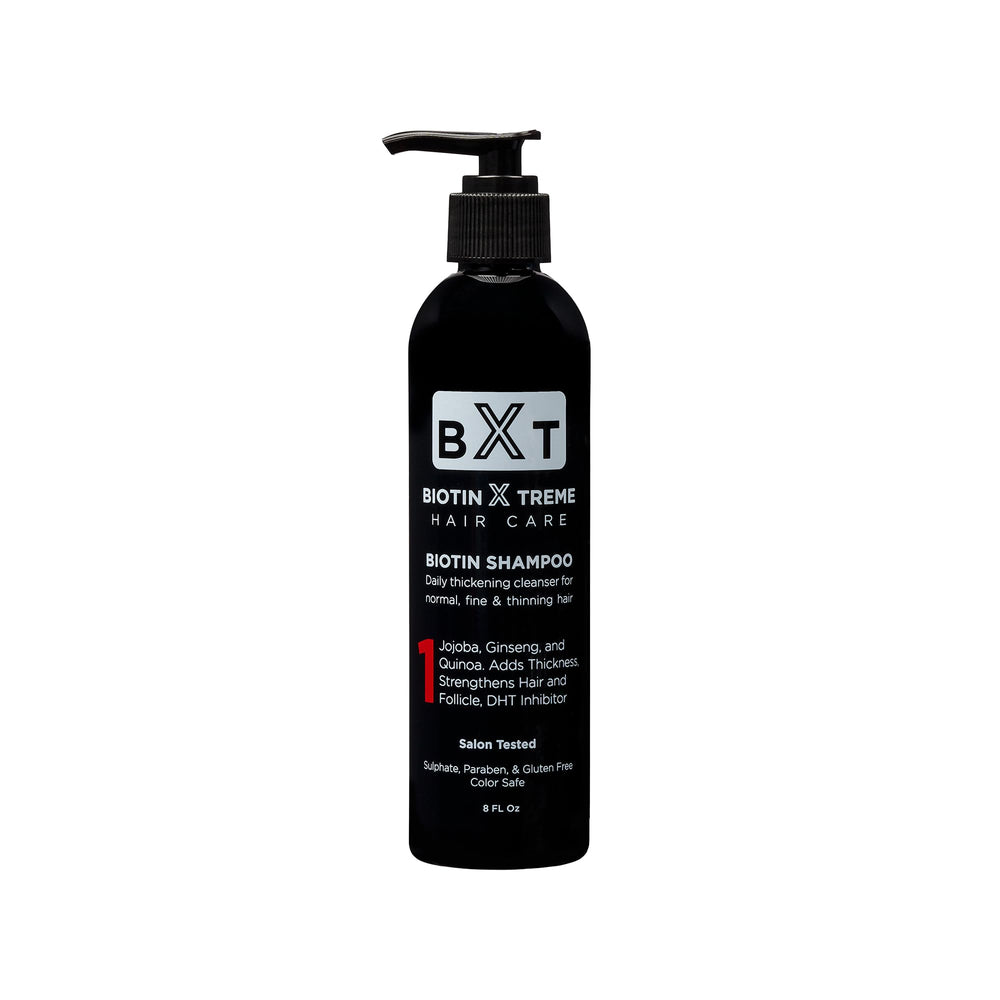 Biotin X Treme Hair shampoo bottle on display, color-safe formula for everyday use.
