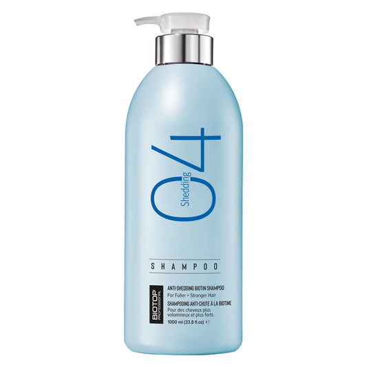 Biotop Professional 04 shampoo bottle front view highlights shedding control.