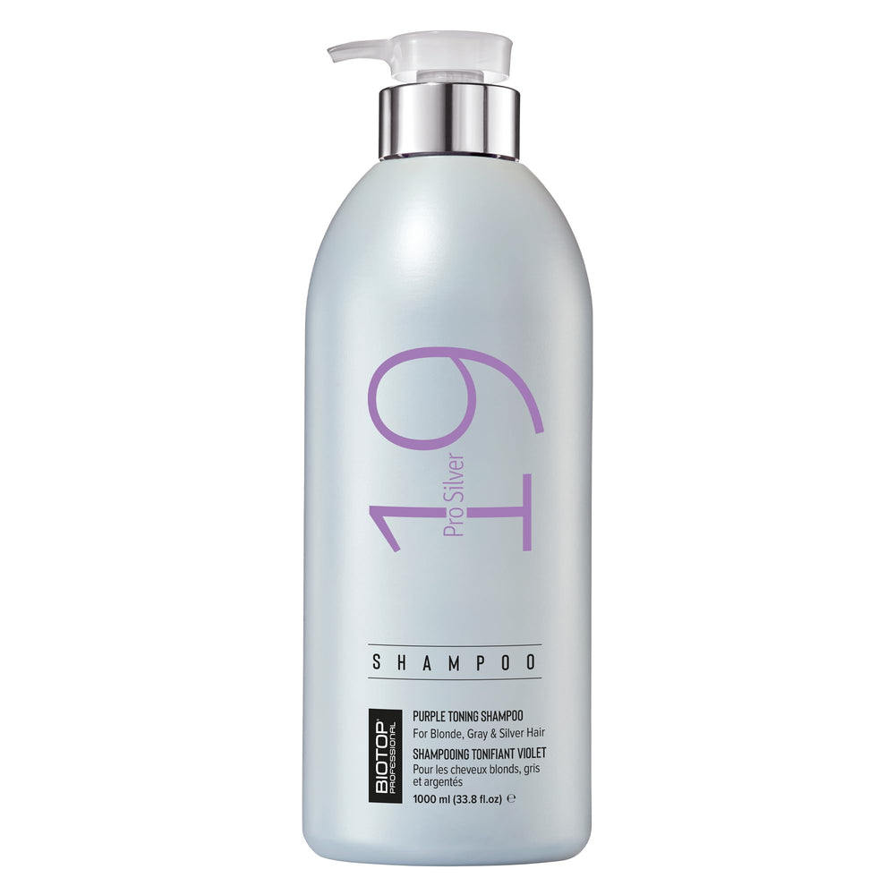 Biotop Professional 19 Pro Silver Shampoo bottle neutralizes brassy tones for blonde hair.