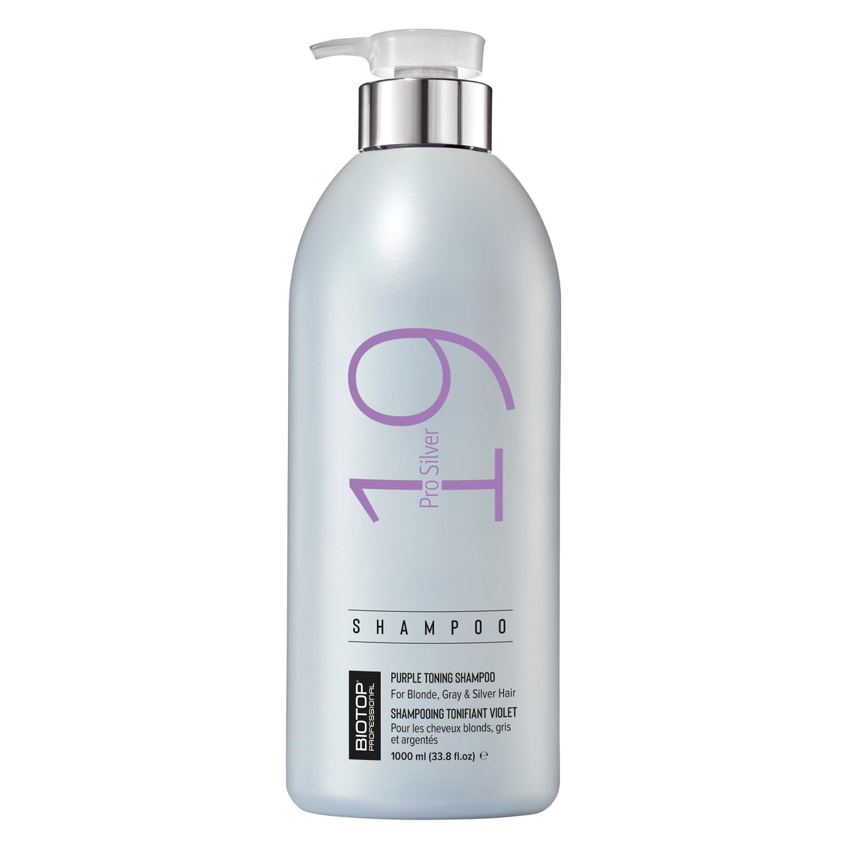 Biotop Professional 19 Pro Silver Shampoo bottle neutralizes brassy tones for blonde hair.