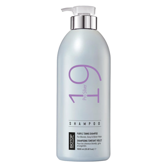 Biotop Professional 19 Pro Silver Shampoo bottle neutralizes brassy tones for blonde hair.