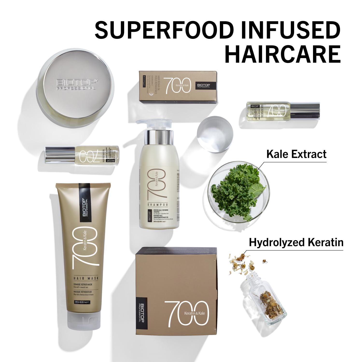 Biotop Professional close-up showcases keratin-rich formula for smoother, frizz control.