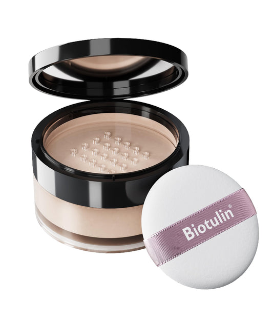 Biotulin Hydrolon powder compact close-up showing smooth, radiant skin.