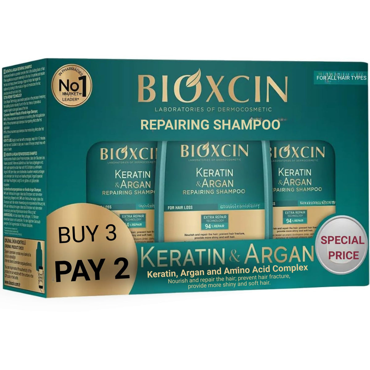 Bioxcin Keratin & Argan Shampoo bottle front highlights bond repair for stronger-looking hair.