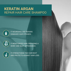Bioxcin Keratin & Argan Shampoo on color-treated hair section suggests color-safe care.