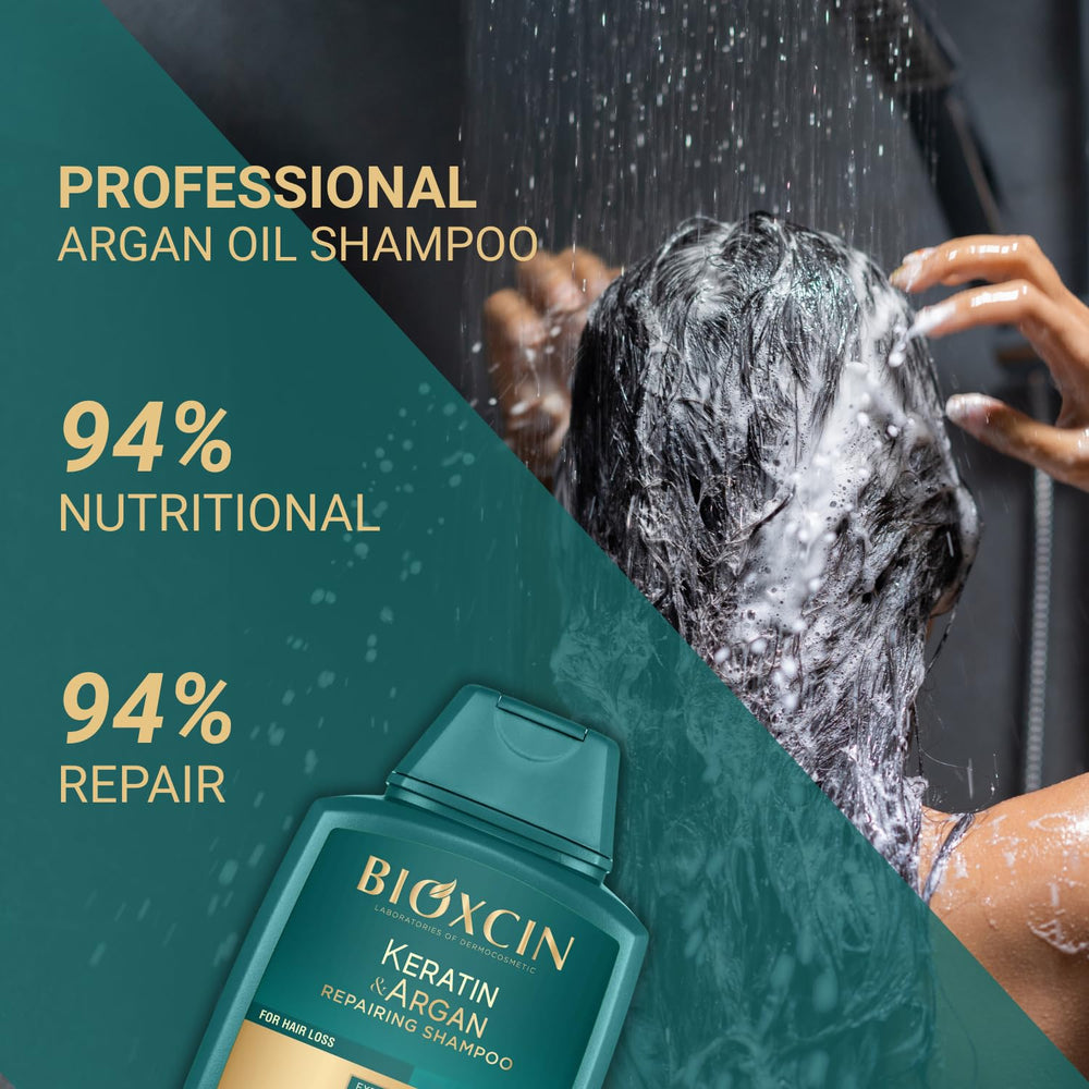 Bioxcin Keratin & Argan Shampoo ingredients panel underscores biotin and keratin benefits.