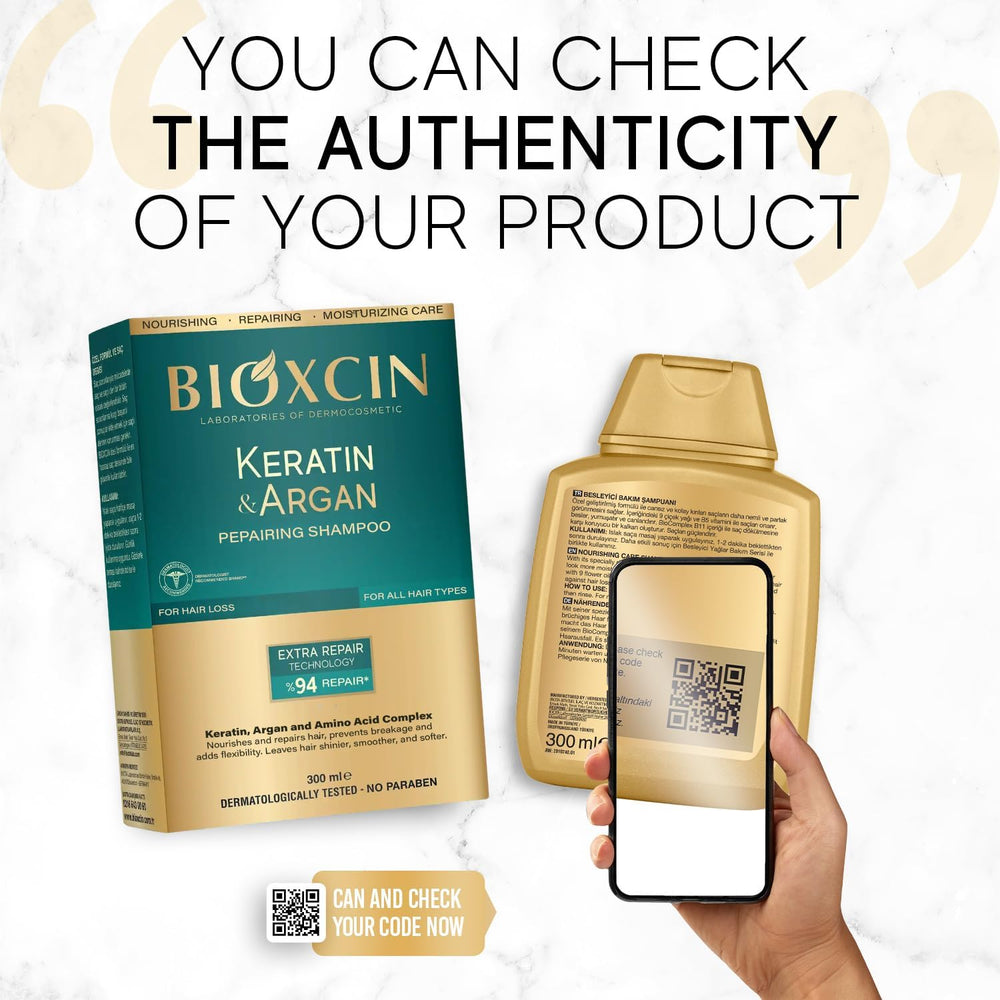 Bioxcin Keratin & Argan Shampoo packaging 3x300ml displays value pack.
