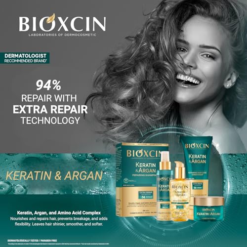 Bioxcin Keratin & Argan Shampoo pump top shows easy daily use.