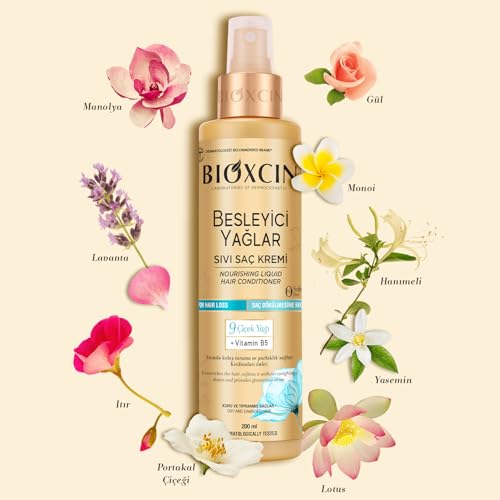 BIOXCIN Nourishing Oils Liquid Conditioner ingredients close-up featuring nine flower oils.