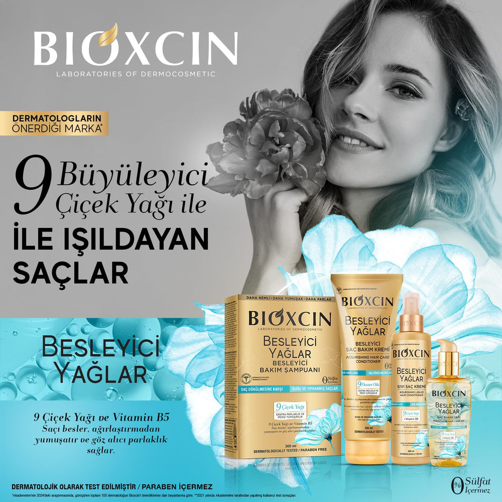 Nine flower oils blend visual emphasizing natural nourishment in BIOXCIN conditioner.