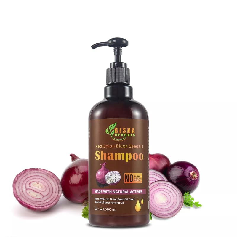 Bisha Herbals shampoo bottle with red onion seed oil showing bright shine potential