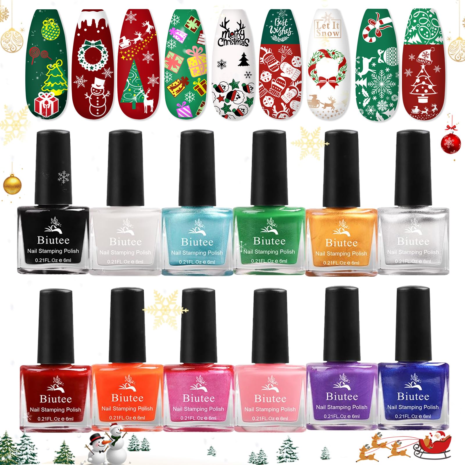 Biutee Nail Stamping Polish 12 colors bottles close-up for vibrant patterns.