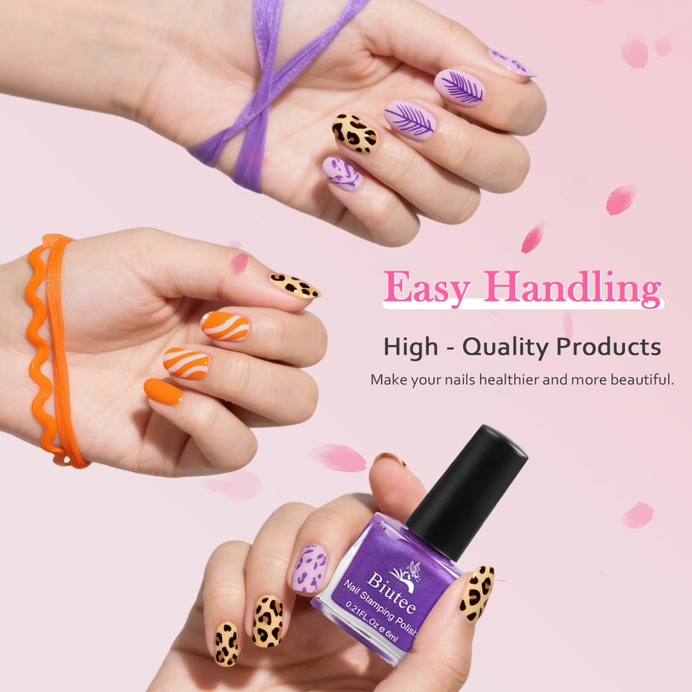 Biutee stamping polish applied on nail design for clean transfer.