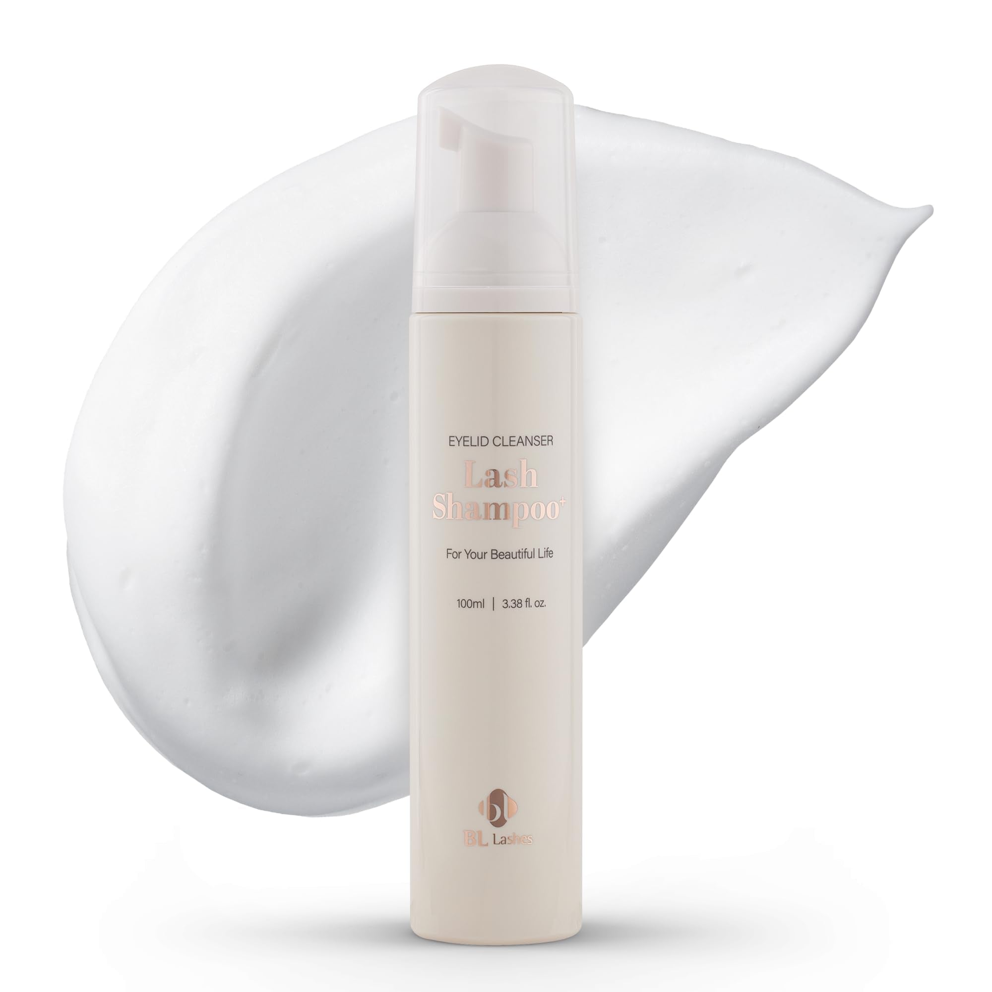 BL BL Lash Shampoo bottle for extensions showing gentle cleanser benefits.