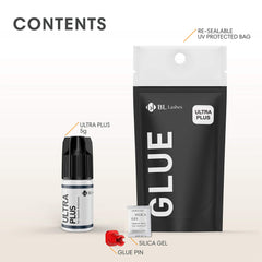 BL Lashes Ultra Plus low-viscosity glue minimizes clumping during application.