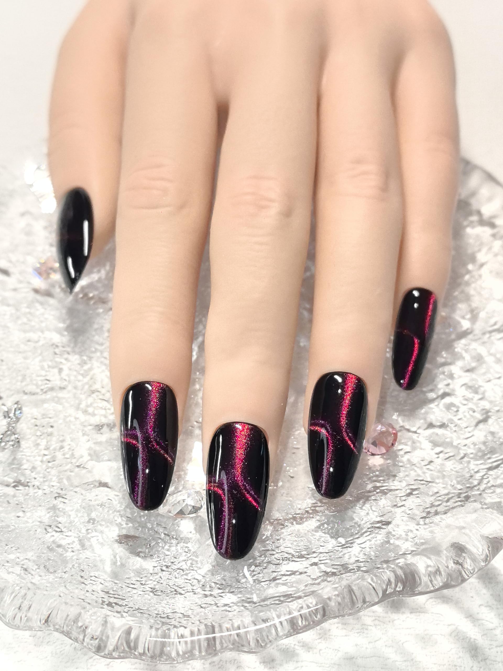 Black Double Pink Cat Eye Nails showcase dual cat eye glow for party glamour.