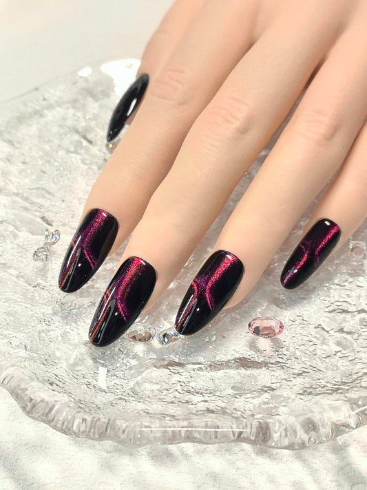 Black Double Pink Cat Eye Nails with cross-star shimmer for evening wow.