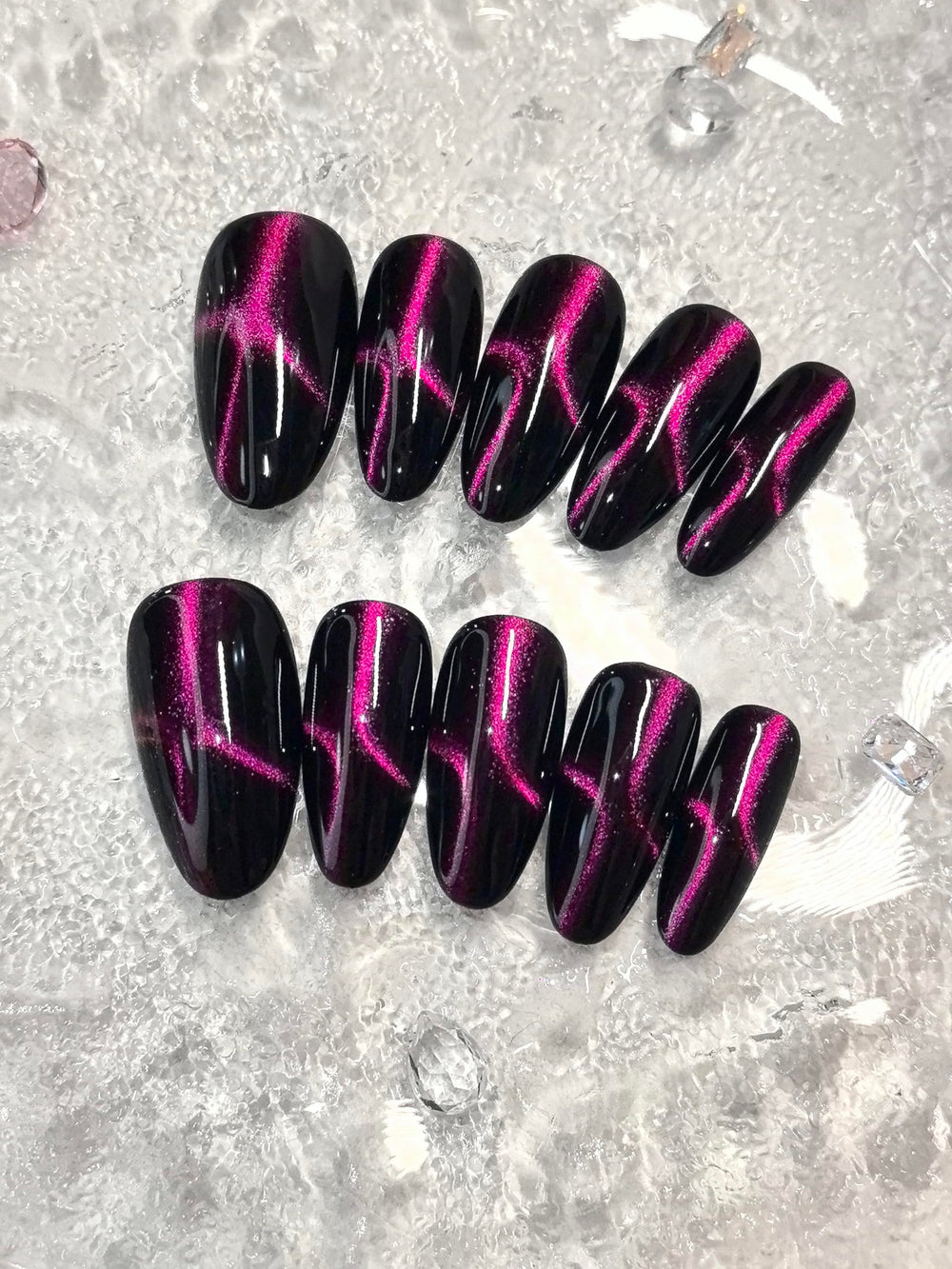 Black Double Pink Cat Eye Nails in medium oval fit daily chic.